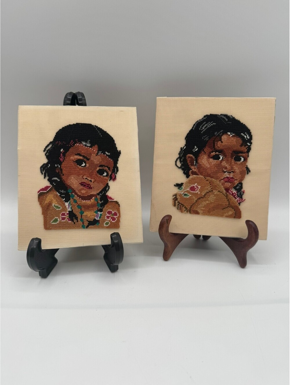 Vintage Pair Needlepoint Art: Native American Children, Cross Stitch Portraits